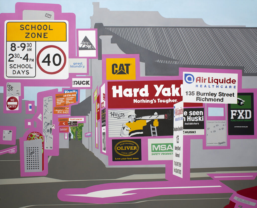 Painting of Burnley Street shops in Richmond, Victoria highlighting the signage, branding, street signs, road markings, graffiti and car branding