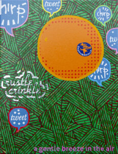 Painting of an orange in the grass surrounded by the graphic representation of the sounds around it