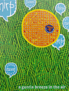 Painting of an orange in the grass surrounded by the graphic representation of the sounds around it