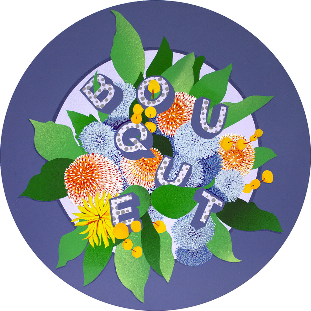 Painting of the word 'BOUQUET' entwined with graphic leaves and flowers - original image of bouquet created using AI