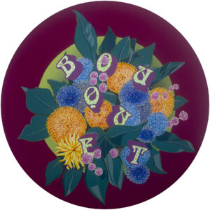 Painting of the word 'BOUQUET' entwined with graphic leaves and flowers - original image of bouquet created using AI