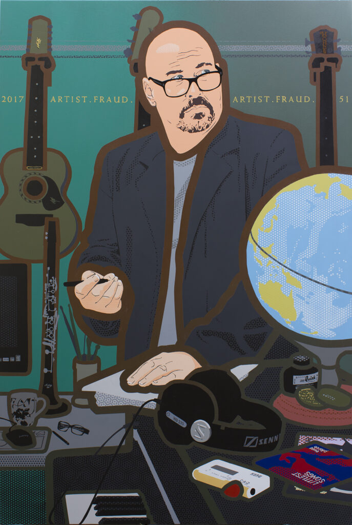 Painting of Todd surrounded objects of meaning - musical instruments, globe, pen and paper, CDs and computer