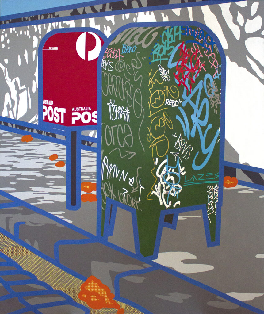 Painting of Australia post red and green mailboxes with graffiti and signage on a footpath