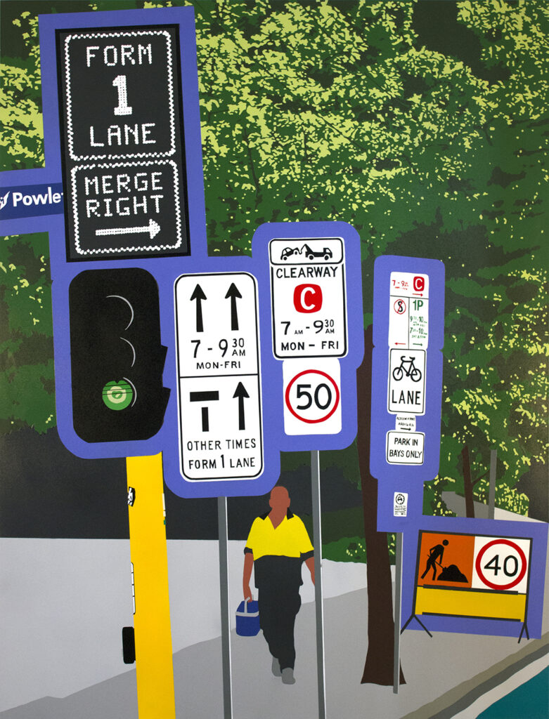 Painting of a street in East Melbourne, Victoria featuring street signage with construction worker walking down the street