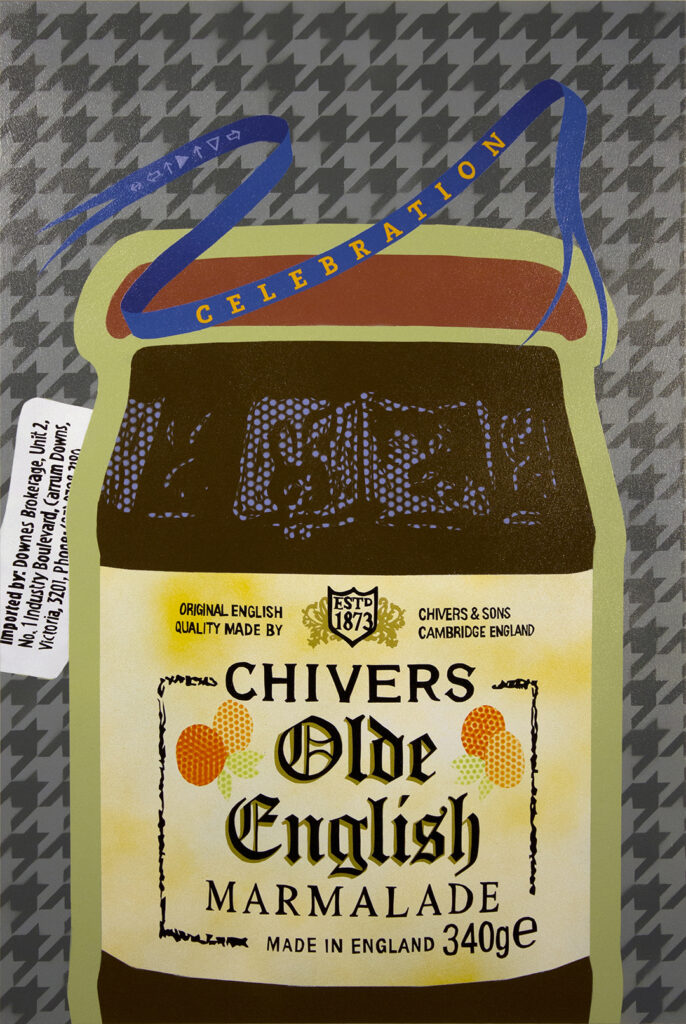 Painting of a jar of Chivers marmalade with pattern and 'CELEBRATION' ribbon