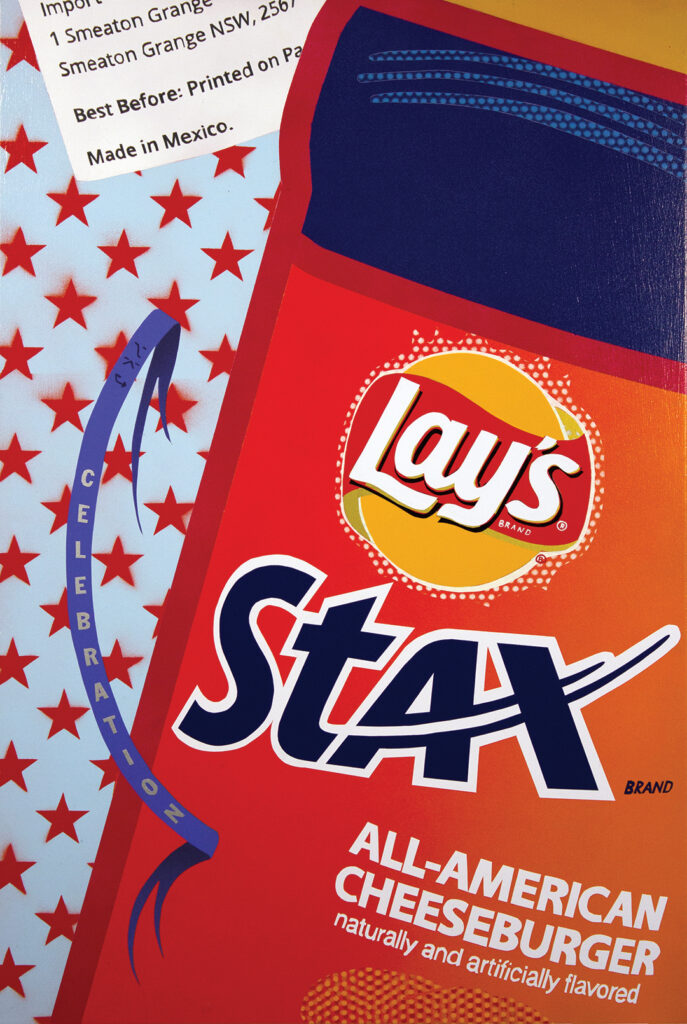 Painting of a packet of Lay's Stax with pattern and 'CELEBRATION' ribbon