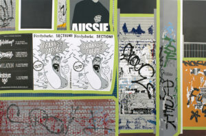 Painting of an abandoned building wall in Clifton Hill, Melbourne covered in graffiti, posters and remnants of each