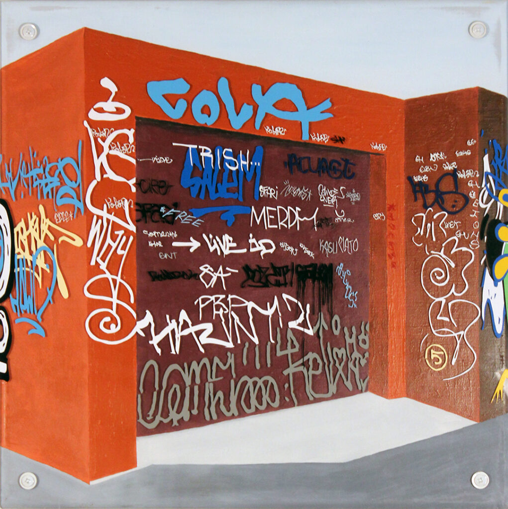 Painting of garage door in back lane covered in tags and graffiti