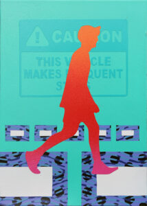 Painting of a silhouette of a boy crossing the road