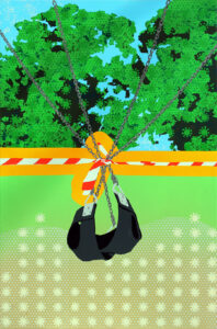 Painting of a swing in a park tied together with 'Caution' tape and graphic representations of COVID floating in the air