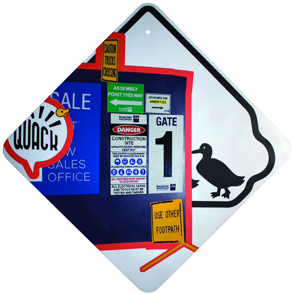 Painting of signs on a building site with duck graphic in the background