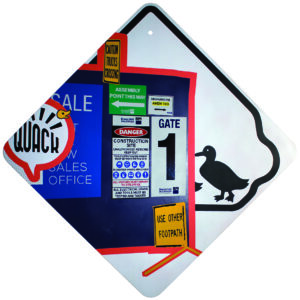 Painting of signs on a building site with duck graphic in the background