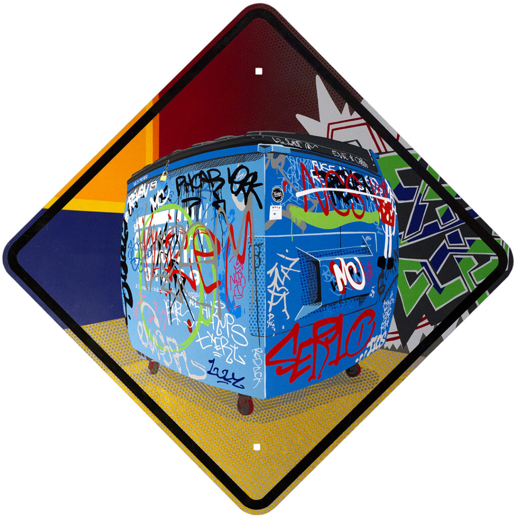 Painting of a dumpster behind a shop covered in graffiti with street art on a wall