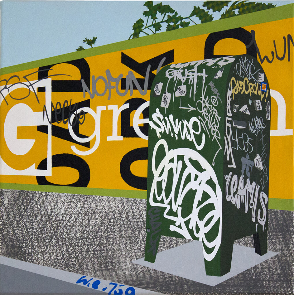 Painting of a street awning and green mailbox covered in graffiti, stickers and signage