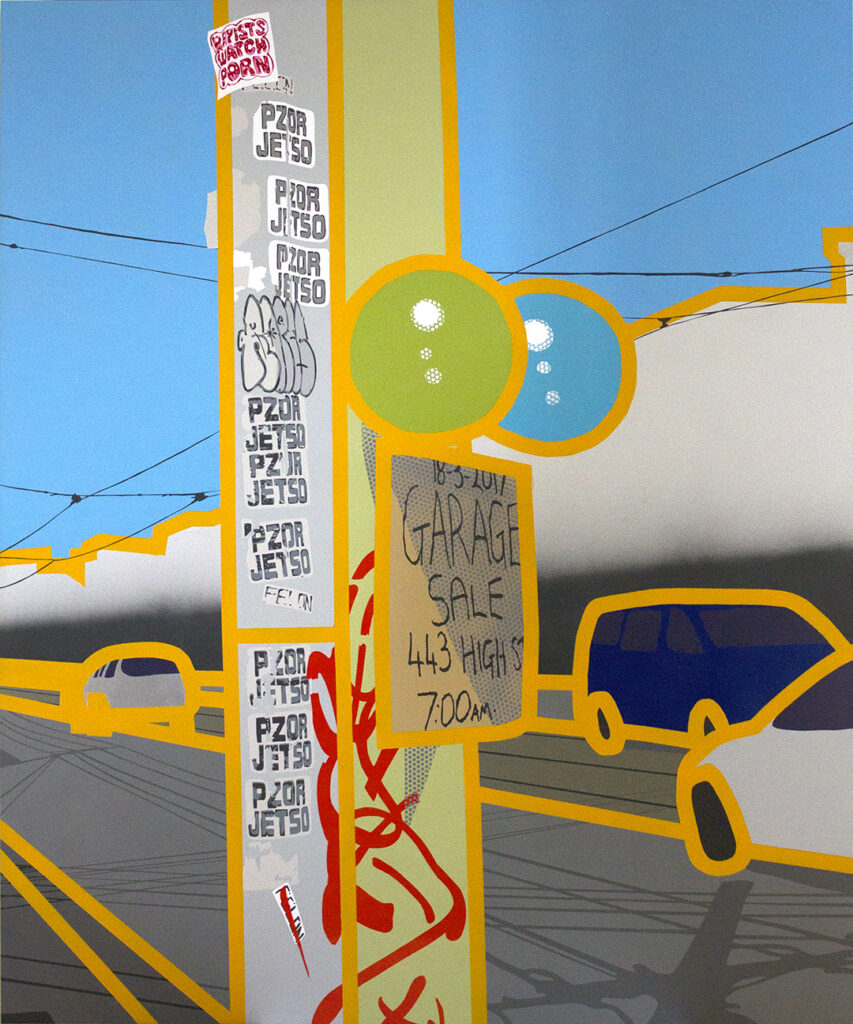 Painting of an electricity pole covered in stickers, signage, graffiti and balloons in a busy street