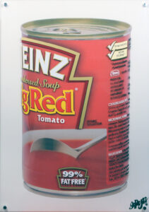 Artwork of Heinz tomato soup can featuring the text and branding