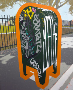 Painting of a green post bin on a footpath covered in graffiti, a school and houses in the background