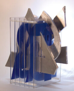 Sculpture assemblage of aluminium signage letters entwined with acrylic vinyl covered signage