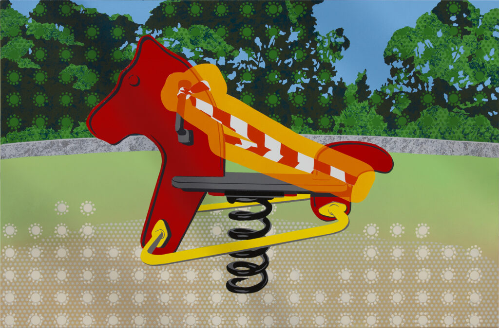 Painting of play equipment in a park surrounded by 'Caution' tape and graphic representations of COVID floating in the air