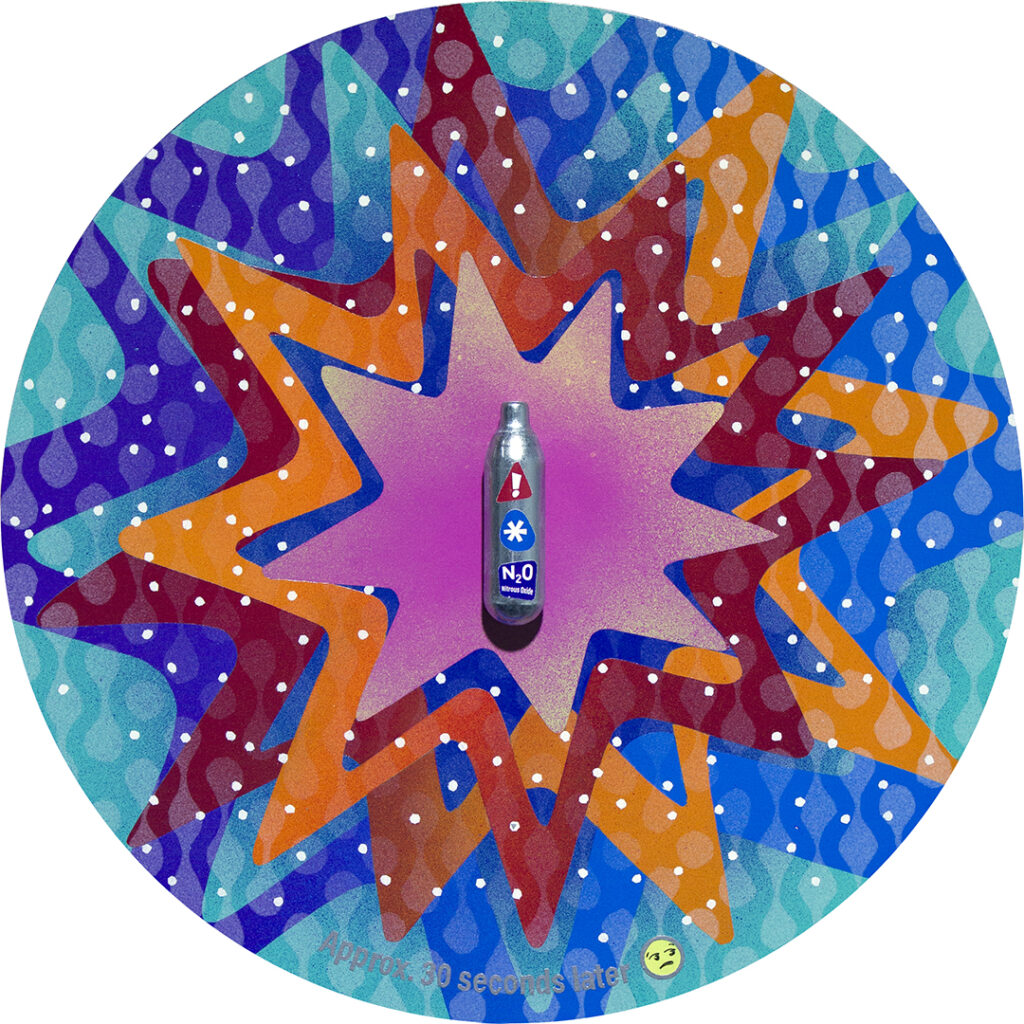 Graphically presented painting of the effects nitrous oxide with actual nitrous oxide charger in the centre