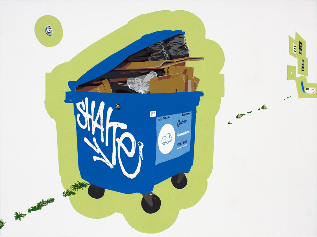 Painting of a skip bin overflowing with rubbish showing all the stickers, branding and graffiti on the bin