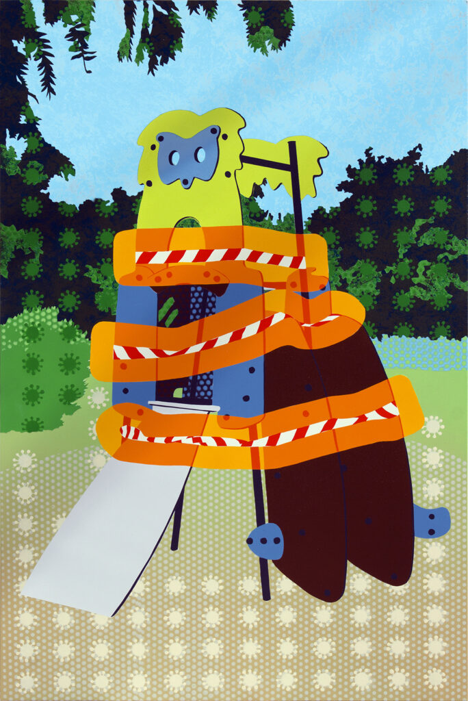 Painting of play equipment in a park surrounded by 'Caution' tape and graphic representations of COVID floating in the air