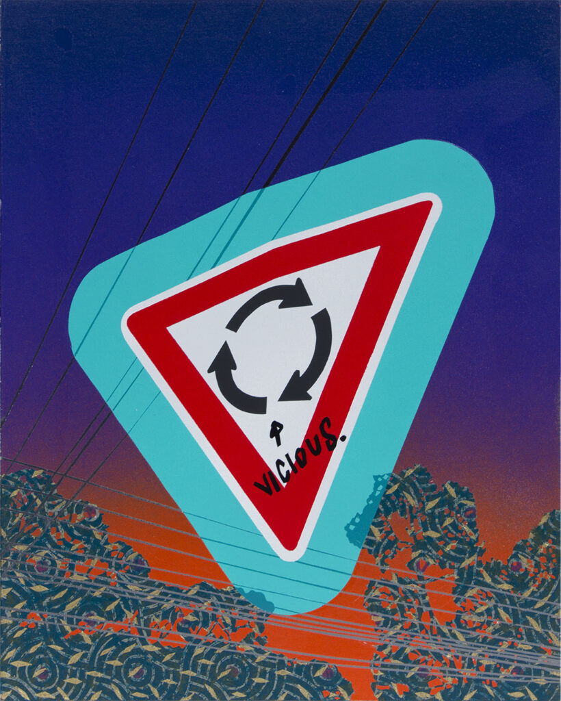 Painting of a roundabout sign with graffiti tag