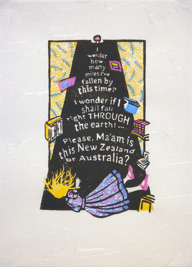 Woodblock print from the Alice in Wonderland series featuring key words from the story