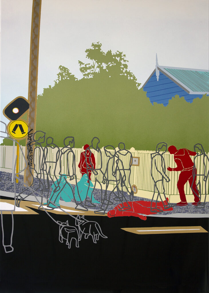 Painting of an urban street corner with multiple outlined figures walking; in solid silhouette 3 different scenes play out in 3 different colours