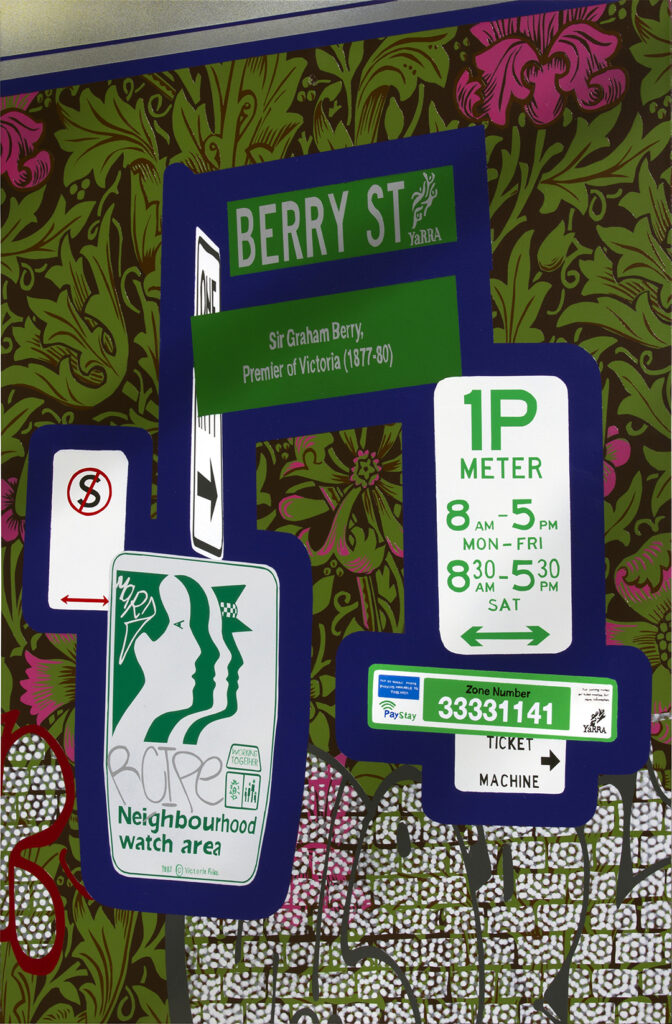 Painting of a collection of street signs and graffiti on a street corner with a Victorian era wallpaper design in the background reflecting the origin of the street name.