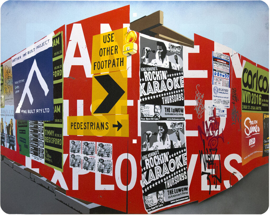 Painting of a street corner awning covered in posters, street signs and graffiti