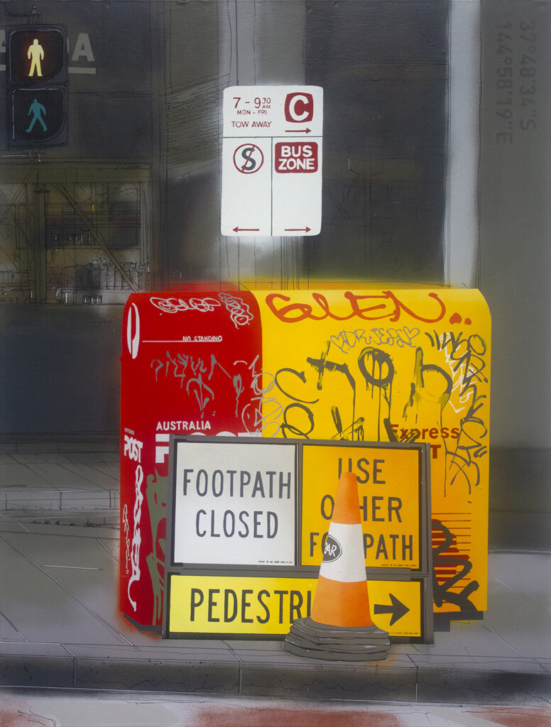 Painting of the footpath at the top of Lonsdale Street, Melbourne, highlighting the street signage, mailboxes, graffiti, branding and road signs