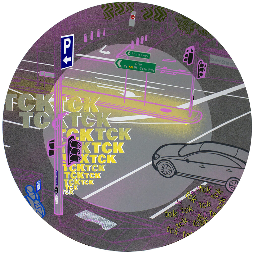 Painting of a street intersection from above highlighting the street signs, car and sounds