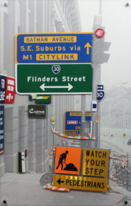 Artwork of street in Melbourne, Victoria highlighting street signs, roadworks and signage