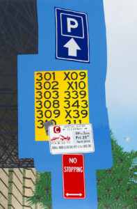 Painting of a collection of street signs in The Rocks, Sydney when the tram line was being made