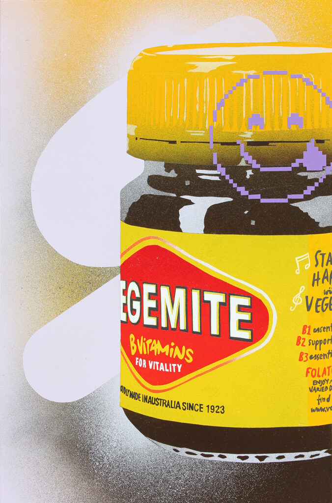 Painting of a section of a Vegemite jar with a pixelated YUM face above