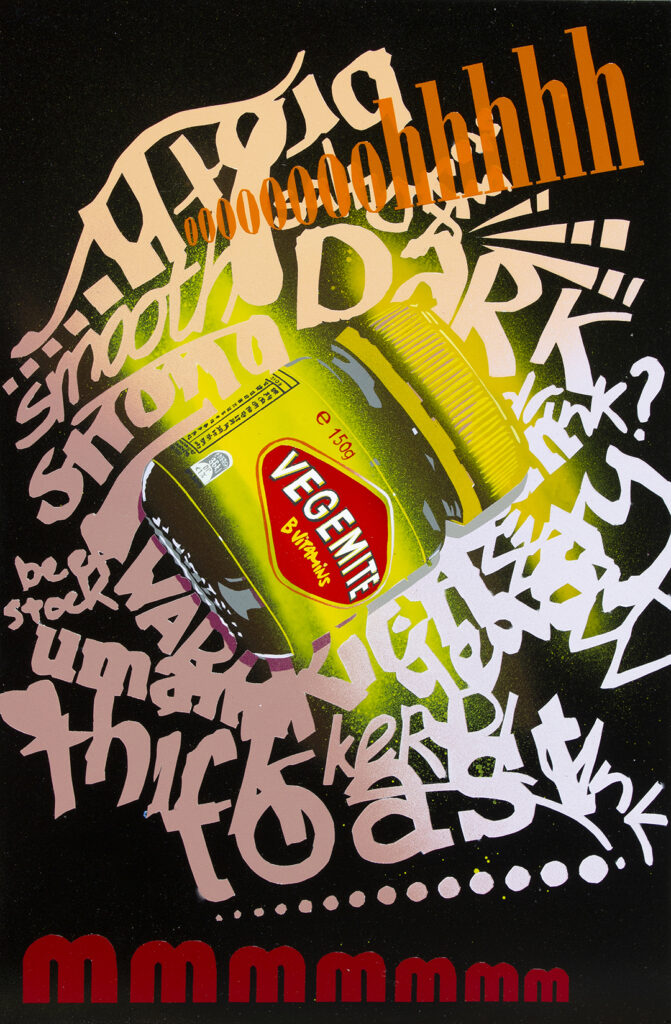 Painting of a jar of Vegemite with dashes of yellow to indicate the lid and label, surrounded by a word map of related words