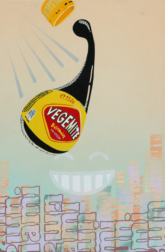 Painting of surreal jar of Vegemite flying through the air about to land on a base of 'umami' words