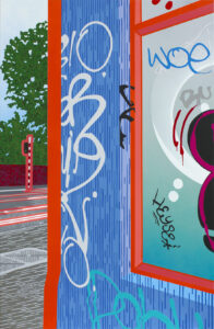 Painting of an empty street corner shop covered in graffiti in Burnley Street, Richmond, looking across the road to the traffic light beyond