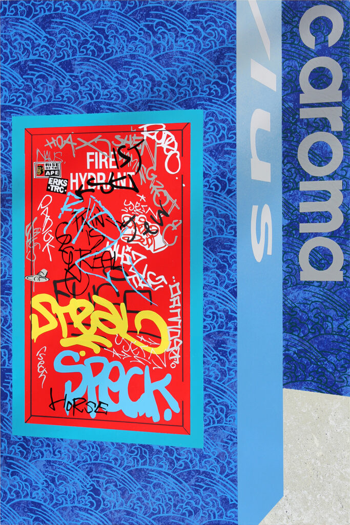 Painting of a fire hydrant door covered in graffiti and stickers at the front of a shop