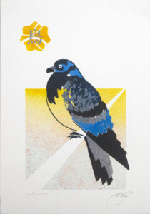 4-layer stencil of a pigeon sitting on a branch