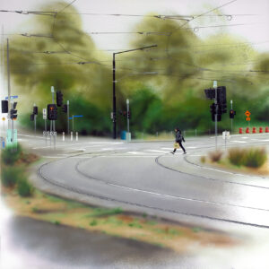 Painting of a corner in Docklands, Victoria highlighting all the tram tracks, tram lines, signage and traffic lights with a lone figure walking across the road