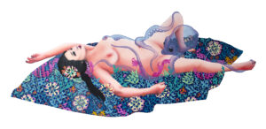 A painting of a naked women falling asleep on a decorative colourful blanket with a fantasy, ghostlike octopus pleasuring her.