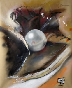Mixed media image of a pearl inside its shell surrounded by the flesh of the pearl. A comical sign appears in the bottom right corner with "PEARL MEAT $PRICELESS" on it.