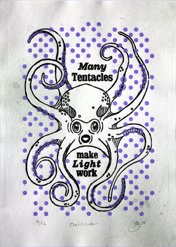 Two colour (grey and purple) woodblock print of an octopus with all eight legs spread out, with the words "Many Tentacles make Light work" surrounding it.