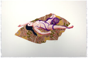 Multi-layered stencil in Autumn colours with a naked woman lying on a patterned blanket and a dream-like octopus