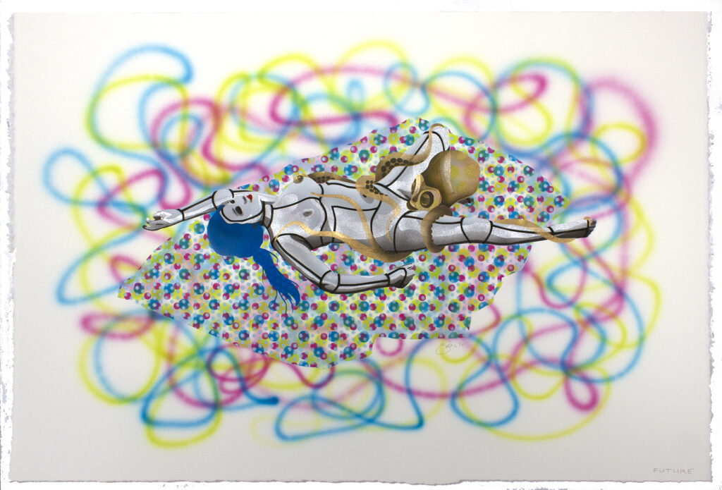 Multi-layered stencil in neon colours with a naked robot woman lying on a patterned blanket and a dream-like metallic octopus. Neon colours swirl around them.