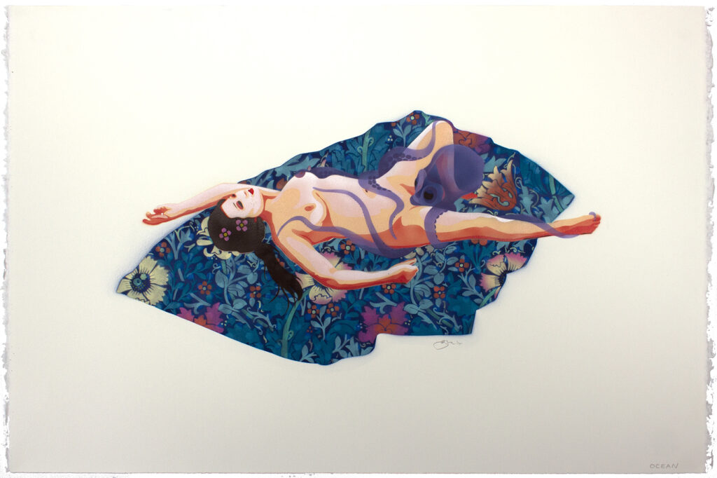 Multi-layered stencil in ocean colours with a naked woman lying on a patterned blanket and a dream-like octopus