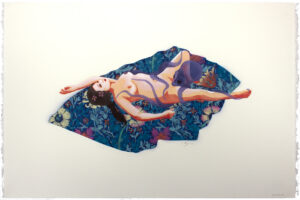 Multi-layered stencil in ocean colours with a naked woman lying on a patterned blanket and a dream-like octopus