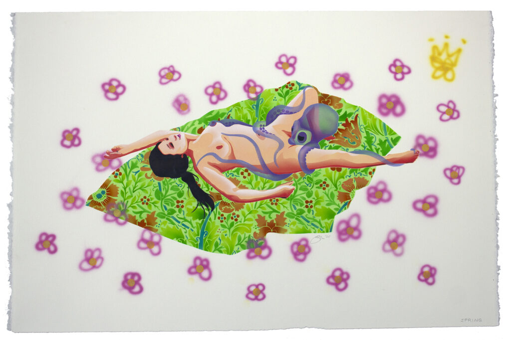 Multi-layered stencil in Spring colours with a naked woman lying on a patterned blanket and a dream-like octopus. Simple pink flowers surround them with a yellow graffiti crown/flower